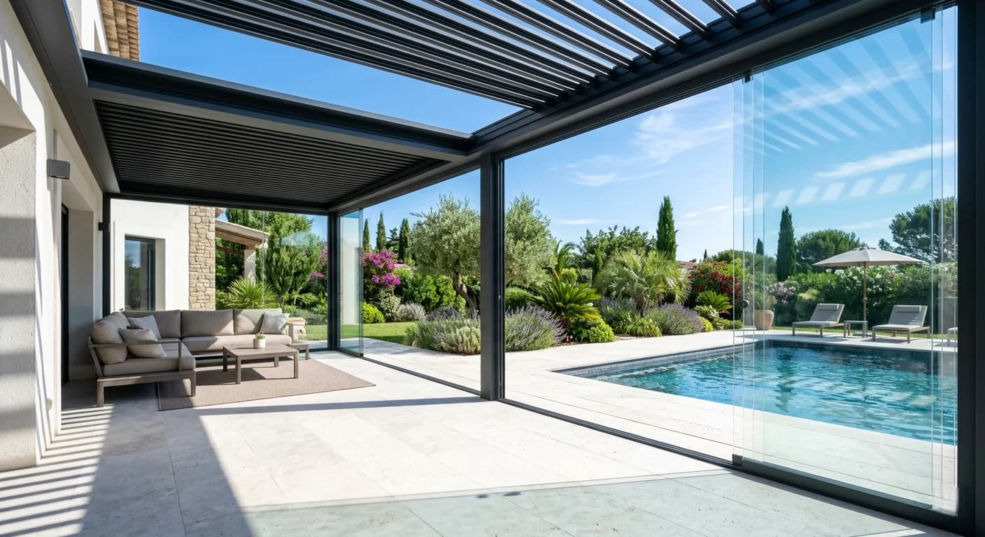 Pergola with a frameless glass enclosure. Materials and enclosure choices shown in context