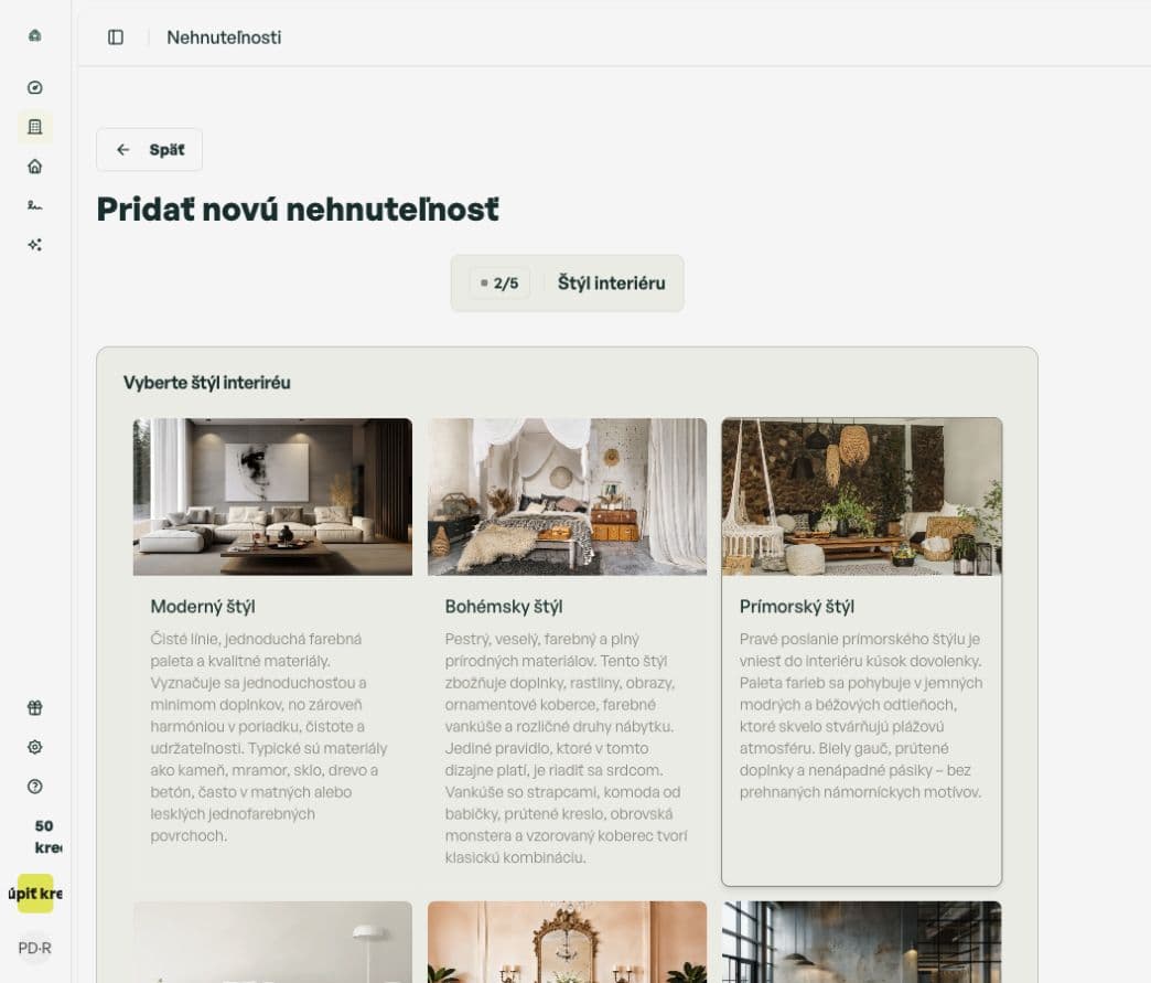 Anonymised Realisio product demo showing interior style selection during project creation