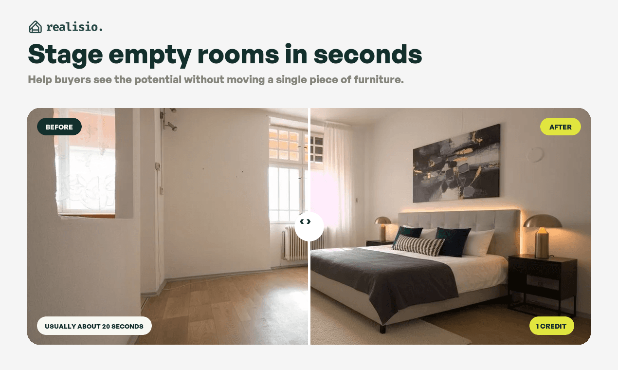 Before and after comparison of an empty bedroom staged with Realisio. Virtual staging turns an empty room into a listing visual buyers can understand