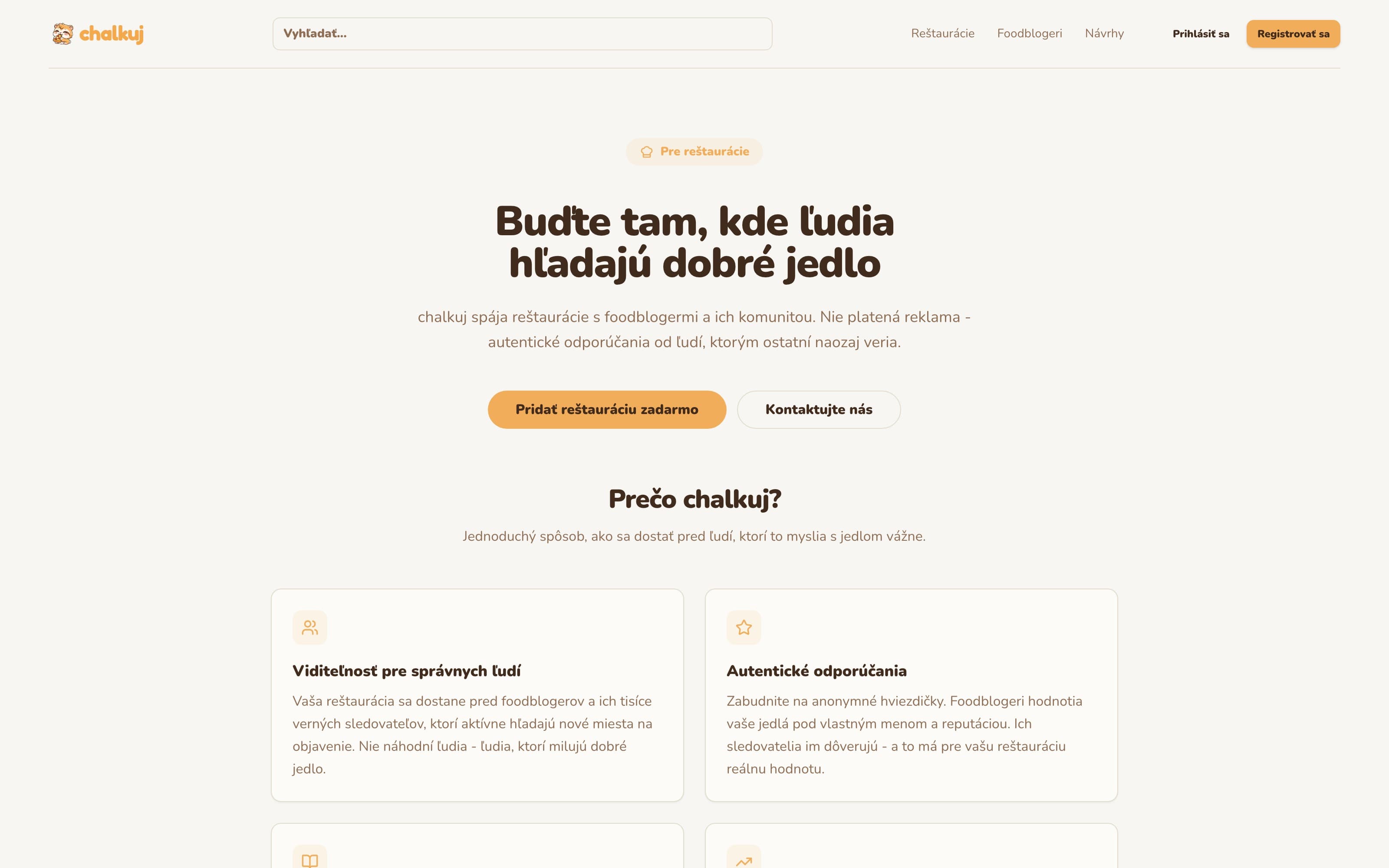 Chalkuj page for restaurants explaining authentic recommendations. The venue-facing pitch: authentic recommendations rather than paid advertising