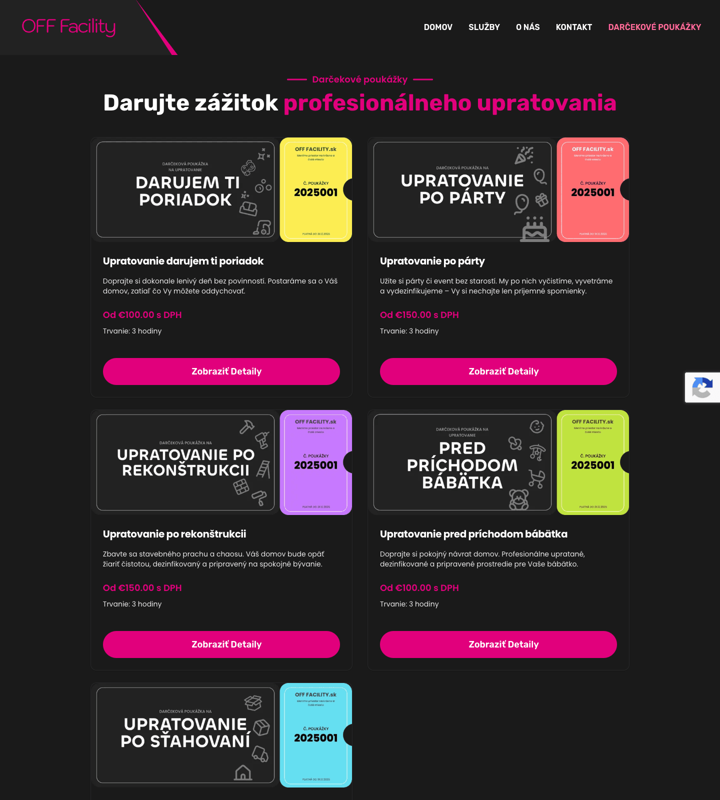 The gift voucher catalogue showing all five occasions with their certificates, prices and durations