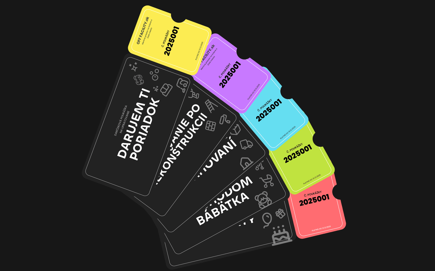 The five gift certificate designs fanned out, each colour coded by occasion with its own icons, voucher number and validity date. The object the recipient holds, designed before the shop around it