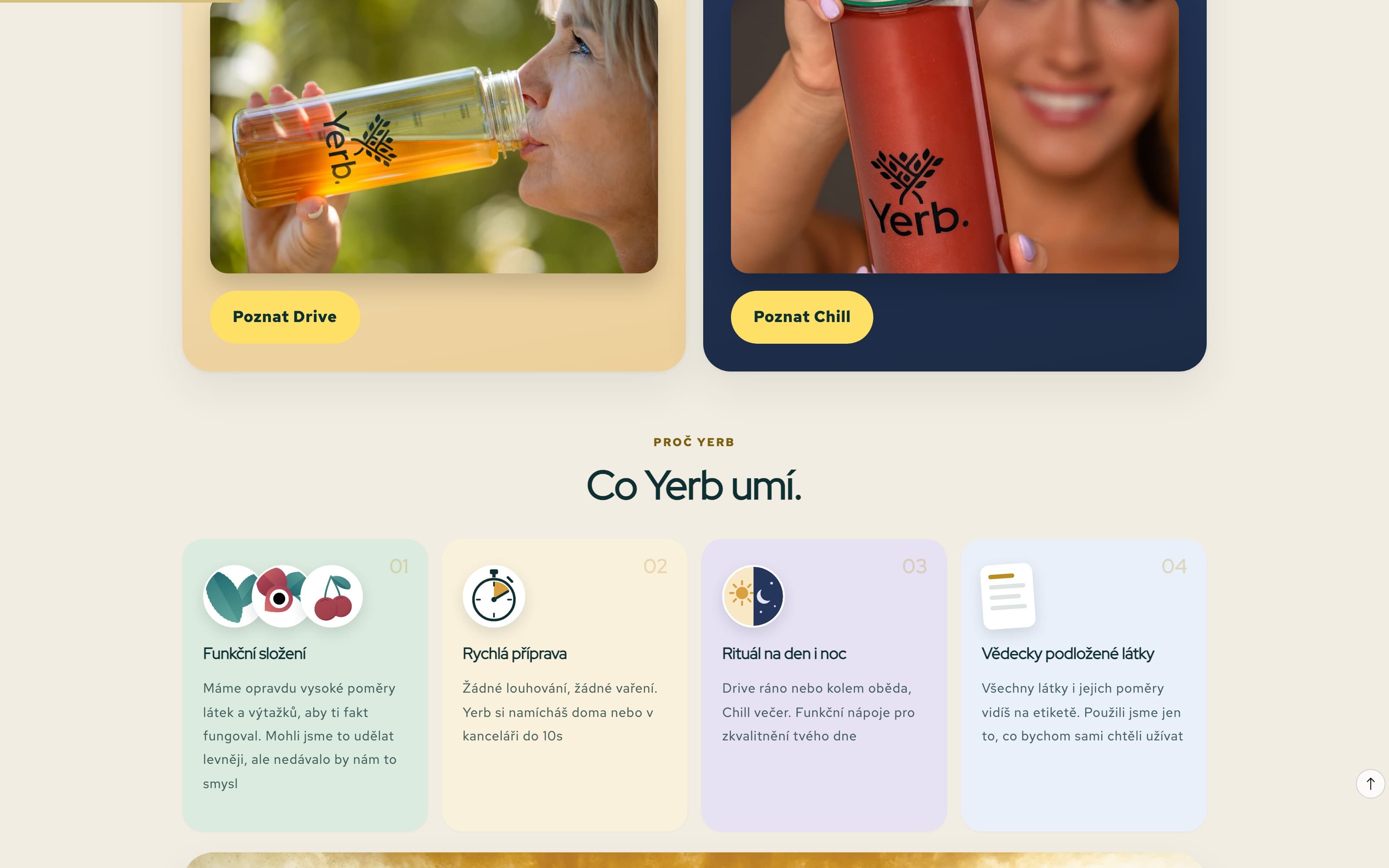Education section explaining what Yerb does, its preparation and its ingredients. Education carries the sale: composition, preparation and the daily ritual explained before the price