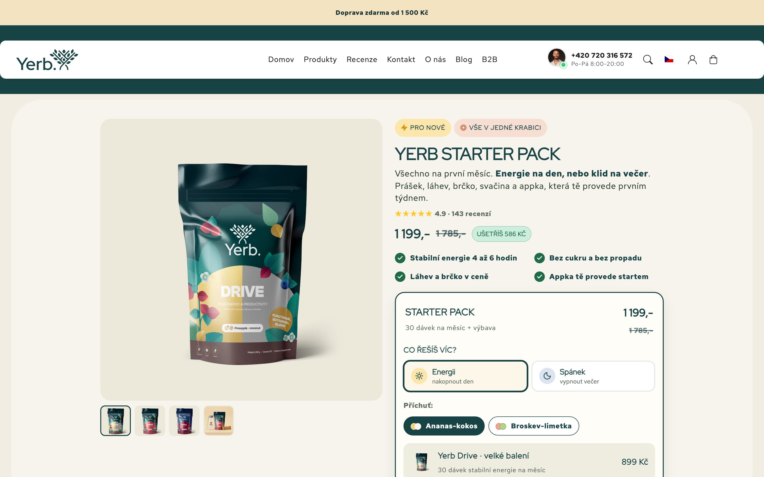 Yerb starter pack product page with benefits, reviews and flavour selection. The purchase journey: benefits, reviews and configuration on one product page